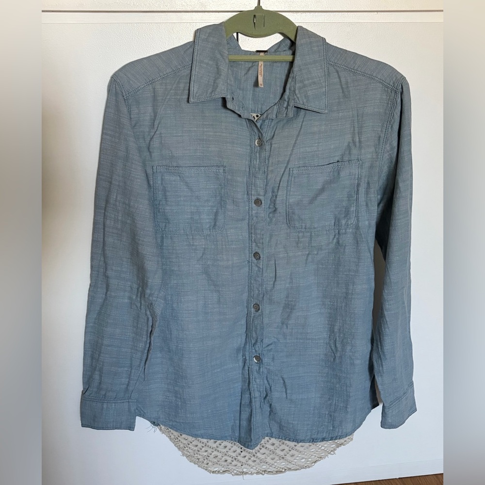 Free People Light Blue Button-Up Shirt with Lace Detail Back
